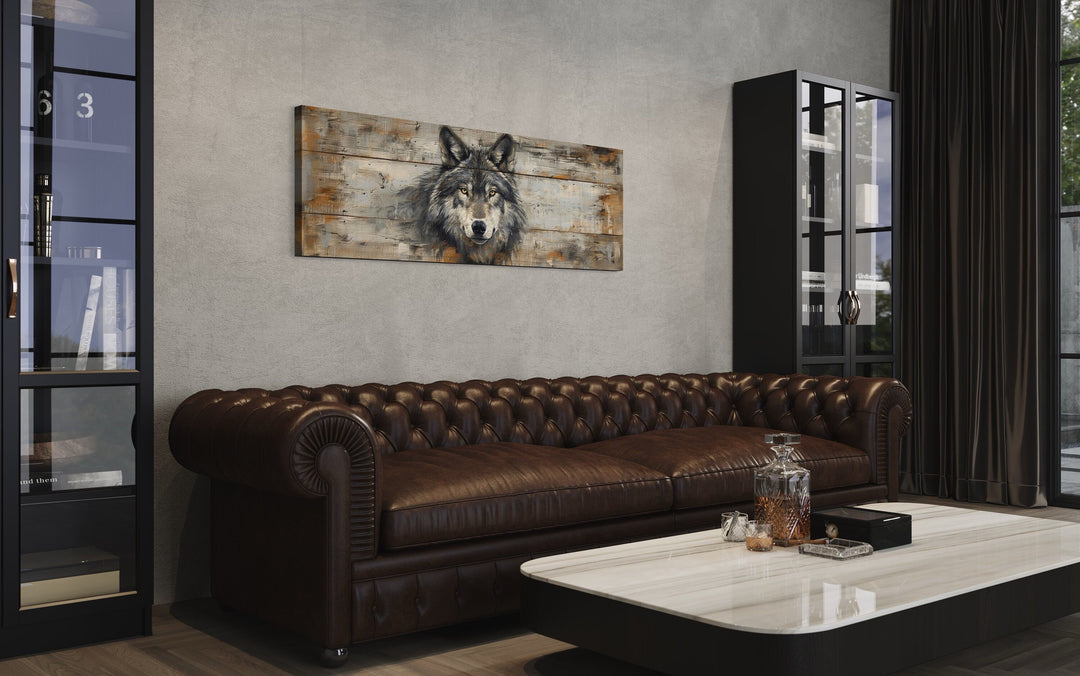 Wolf Painted On Wood Long Horizontal Framed Canvas Wall Art