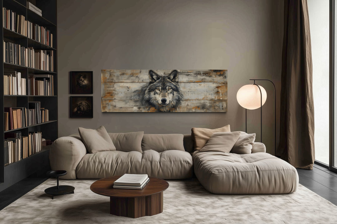 Wolf Painted On Wood Long Horizontal Framed Canvas Wall Art