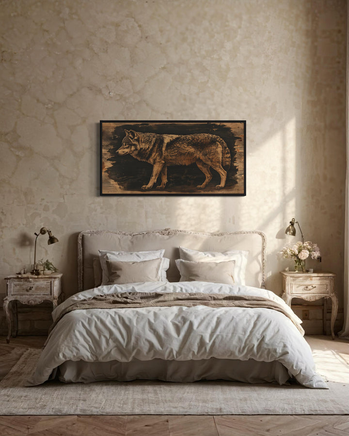 Wolf Painted on Dark Wood Framed Canvas Wall Art