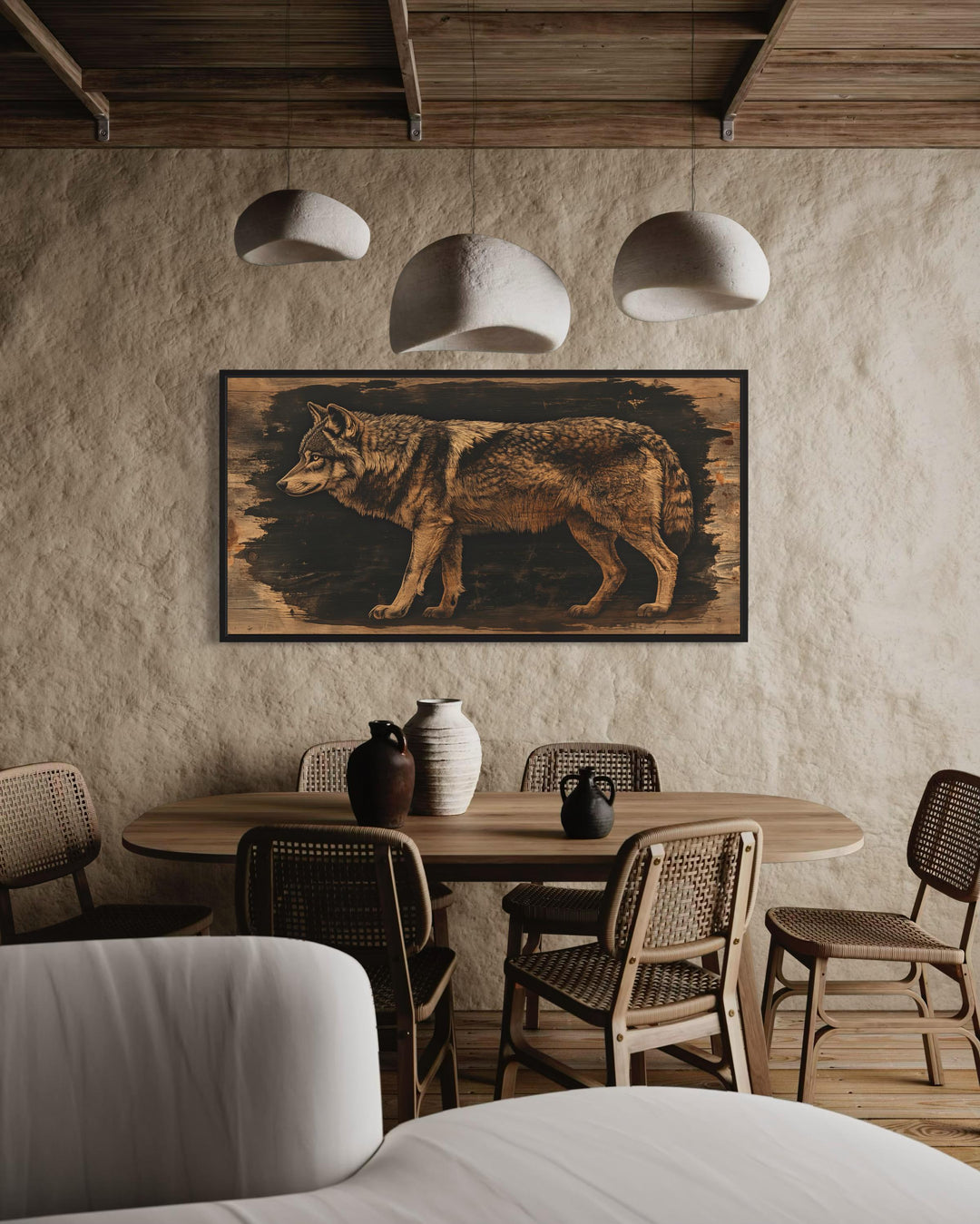 Wolf Painted on Dark Wood Framed Canvas Wall Art