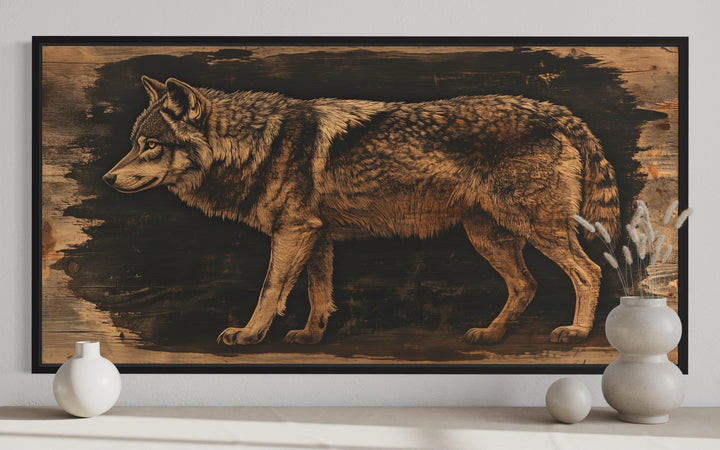 Wolf Painted on Dark Wood Framed Canvas Wall Art