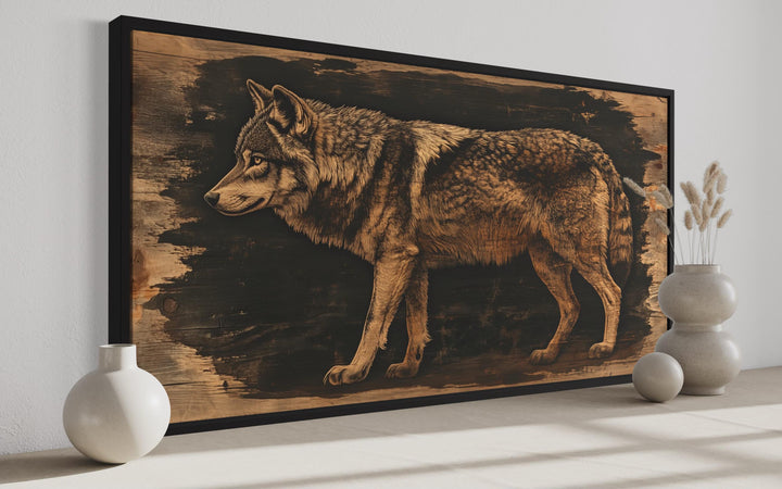 Wolf Painted on Dark Wood Framed Canvas Wall Art