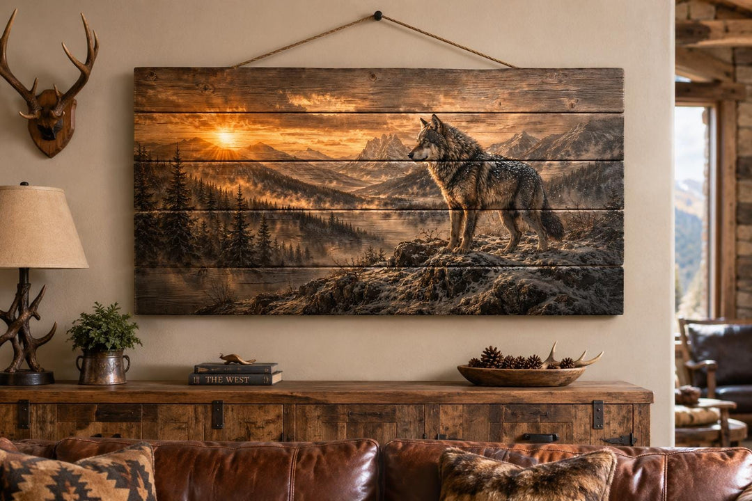 Wolf standing on a cliff rustic wood wall art above a wooden console in a cabin-style room.