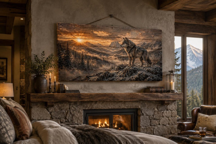 Wolf Standing On Cliff Rustic Wood Wall Art hanging above a stone fireplace in a cabin living room.