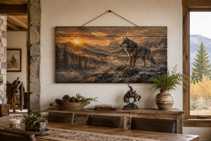 Wolf standing on a cliff rustic wood wall art in a cabin living room above a console table.