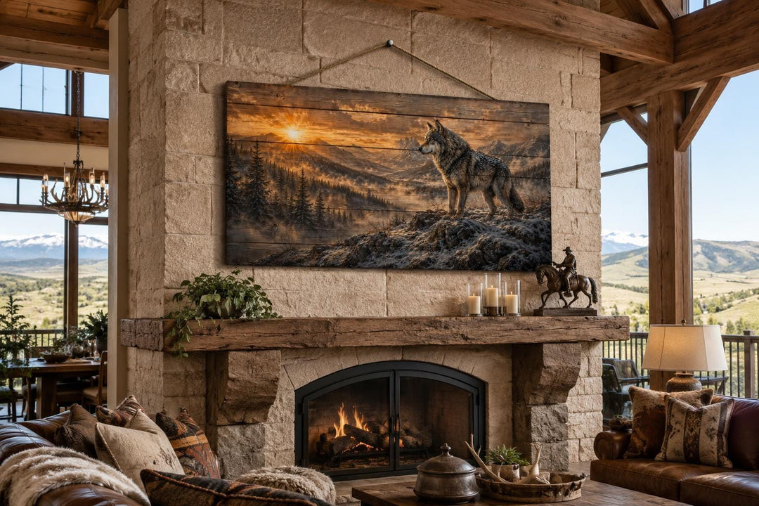 Wolf Standing On Cliff Rustic Wood Wall Art displayed above a stone fireplace in a cabin.
