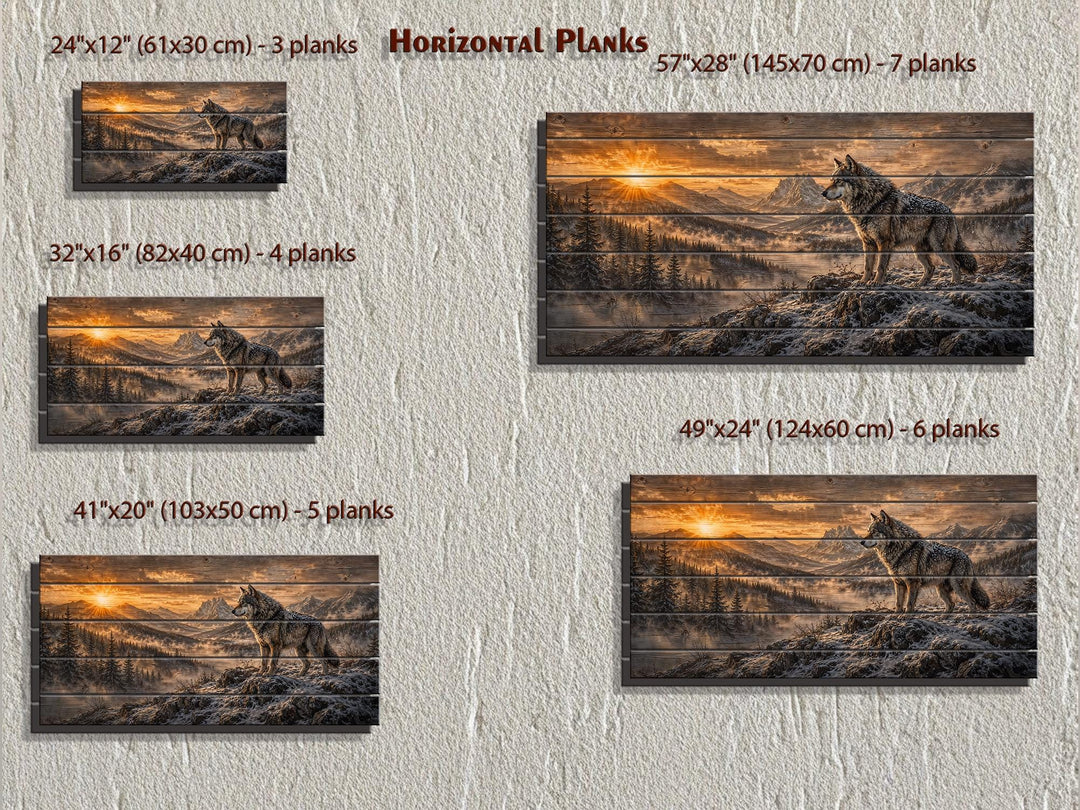 Wolf Standing On Cliff Rustic Wood Wall Art in five horizontal plank sizes for cabin wall decor.