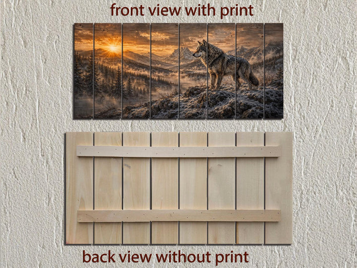 Front and back view of a rustic wood wall art piece featuring a wolf on a cliff at sunset.