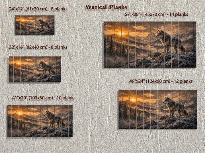 Wolf Standing On Cliff Rustic Wood Wall Art in five sizes with vertical plank counts and dimensions.