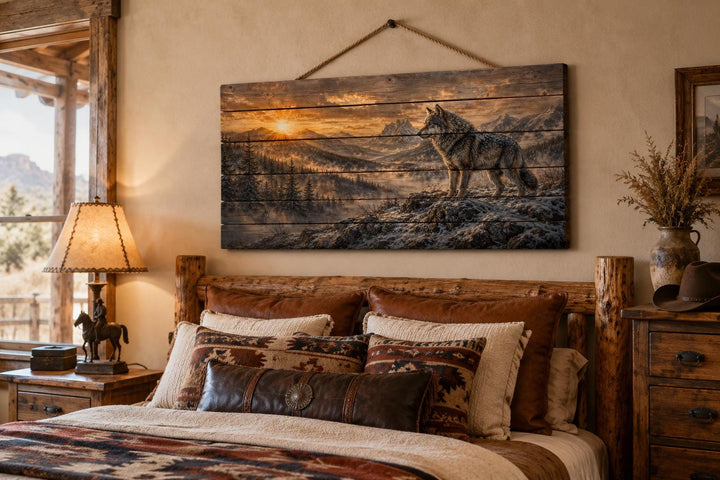 Wolf Standing On Cliff Rustic Wood Wall Art hanging above a bed in a cabin-style bedroom.