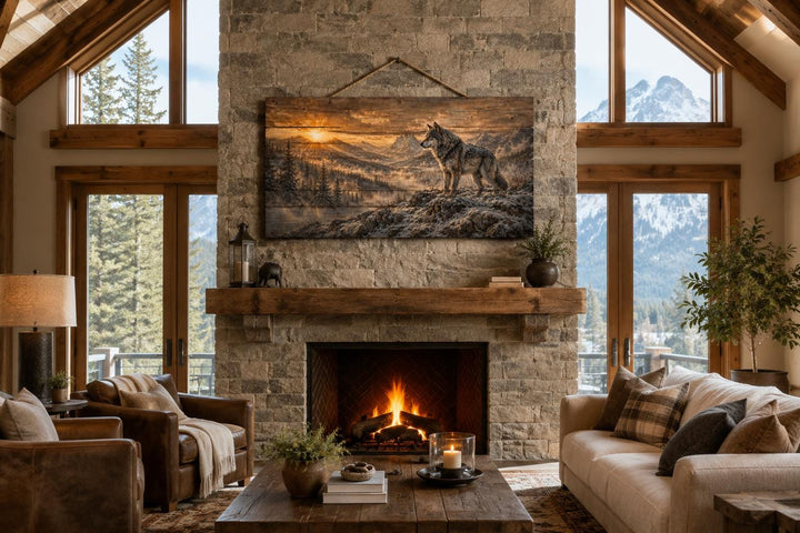 Wolf Standing On Cliff rustic wood wall art hanging above a stone fireplace in a cabin living room.