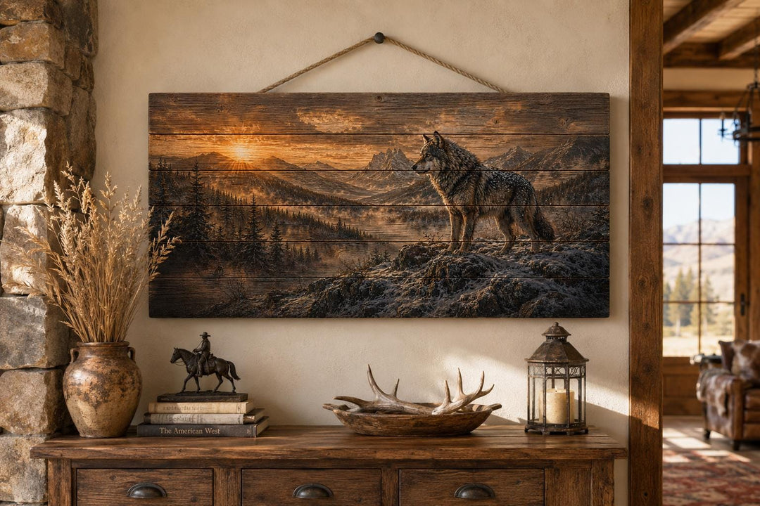 Wolf standing on a cliff rustic wood wall art hanging above a wooden console table in a cabin.
