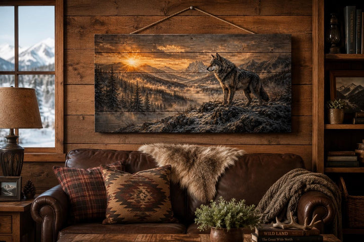 Rustic wood wall art of a wolf on a cliff overlooking a mountain valley at sunset in a cabin room.