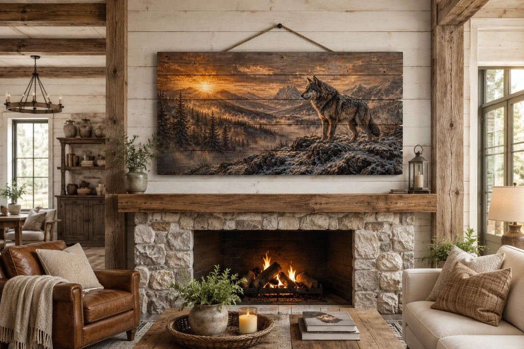 Wolf Standing On Cliff Rustic Wood Wall Art hanging above a stone fireplace in a cabin living room.