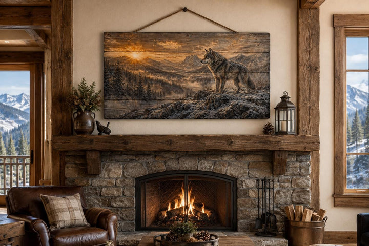 Wolf Standing On Cliff Rustic Wood Wall Art hanging above a stone fireplace in a cabin living room.