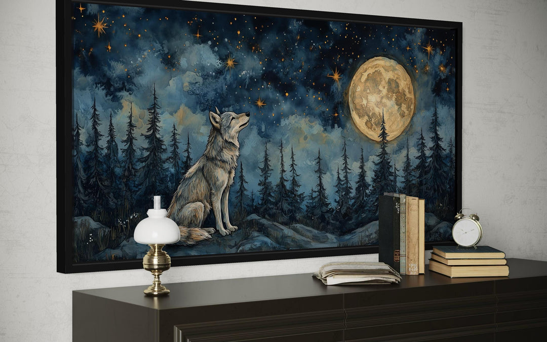 Horizontal canvas wall art of a wolf howling under a full moon in a starry night forest.