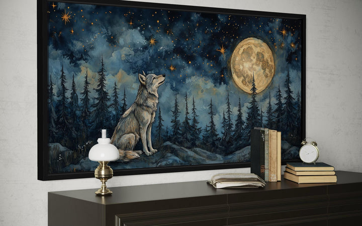 Horizontal canvas wall art of a wolf howling under a full moon in a starry night forest.