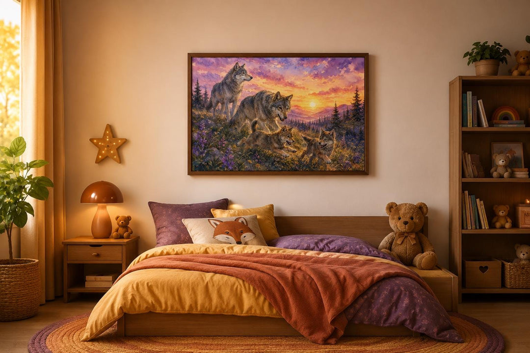 Watercolor wolf family wall art above a bed in a cozy, woodland-themed nursery.