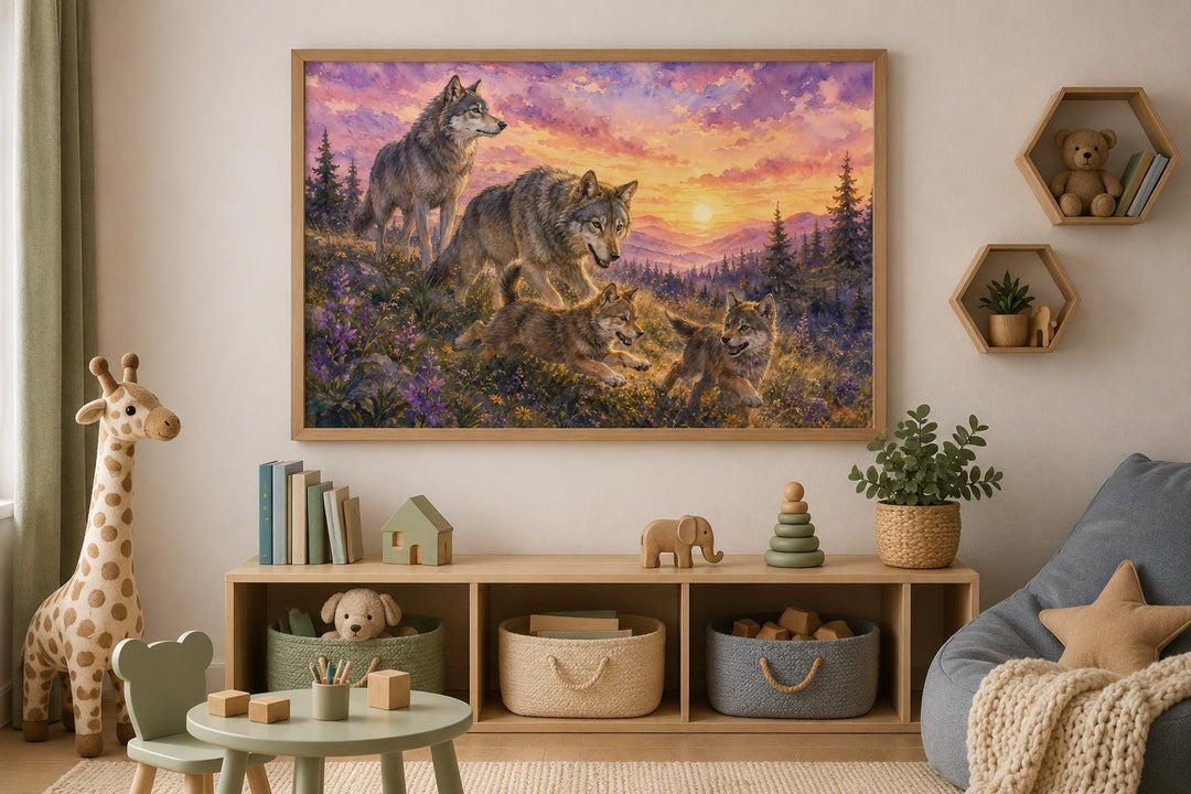 Watercolor wolf family wall art in a woodland nursery above a wooden shelf with toys and baskets.