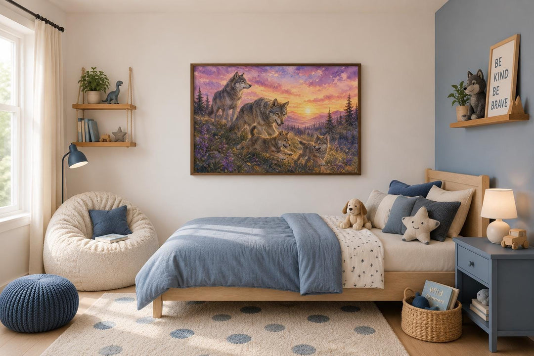 Watercolor wolf family canvas wall art above a bed in a woodland-themed nursery.