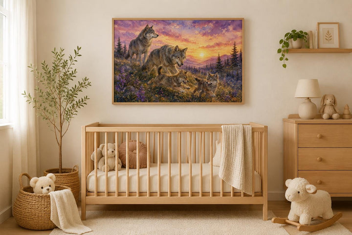 Wolf family watercolor wall art above a wooden crib in a neutral, woodland-themed nursery.