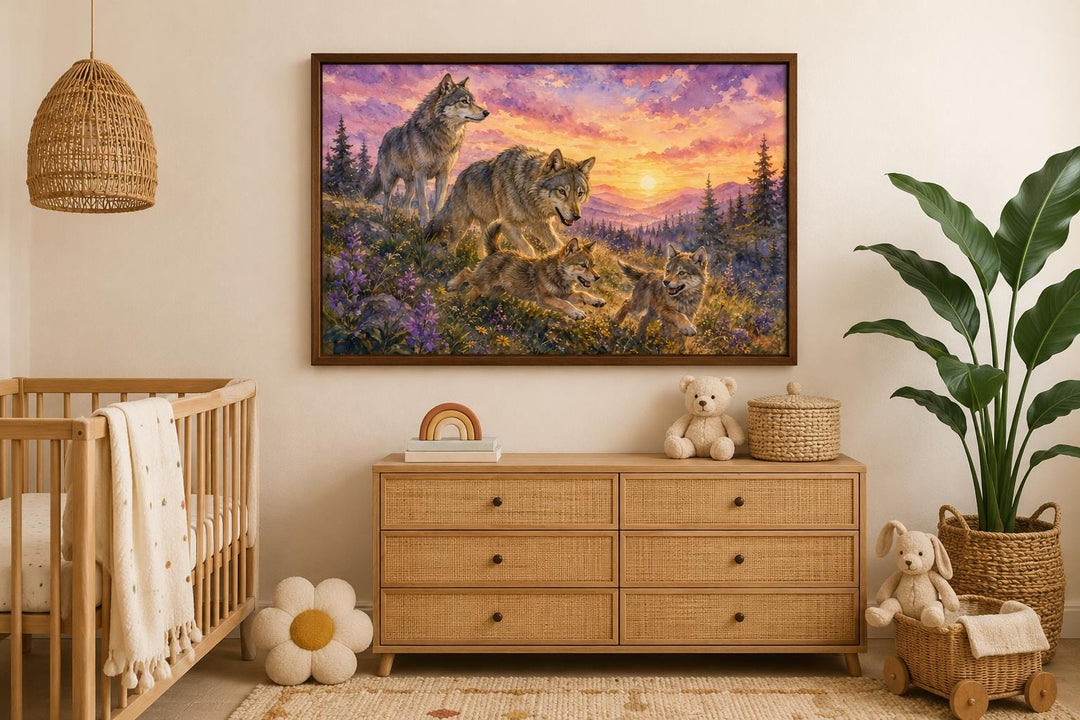 Watercolor wolf family wall art in a woodland nursery above a wooden dresser with toys.