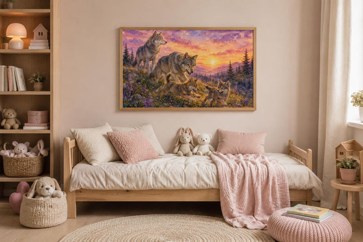 Watercolor wolf family wall art above a child's bed in a cozy, neutral-toned nursery.