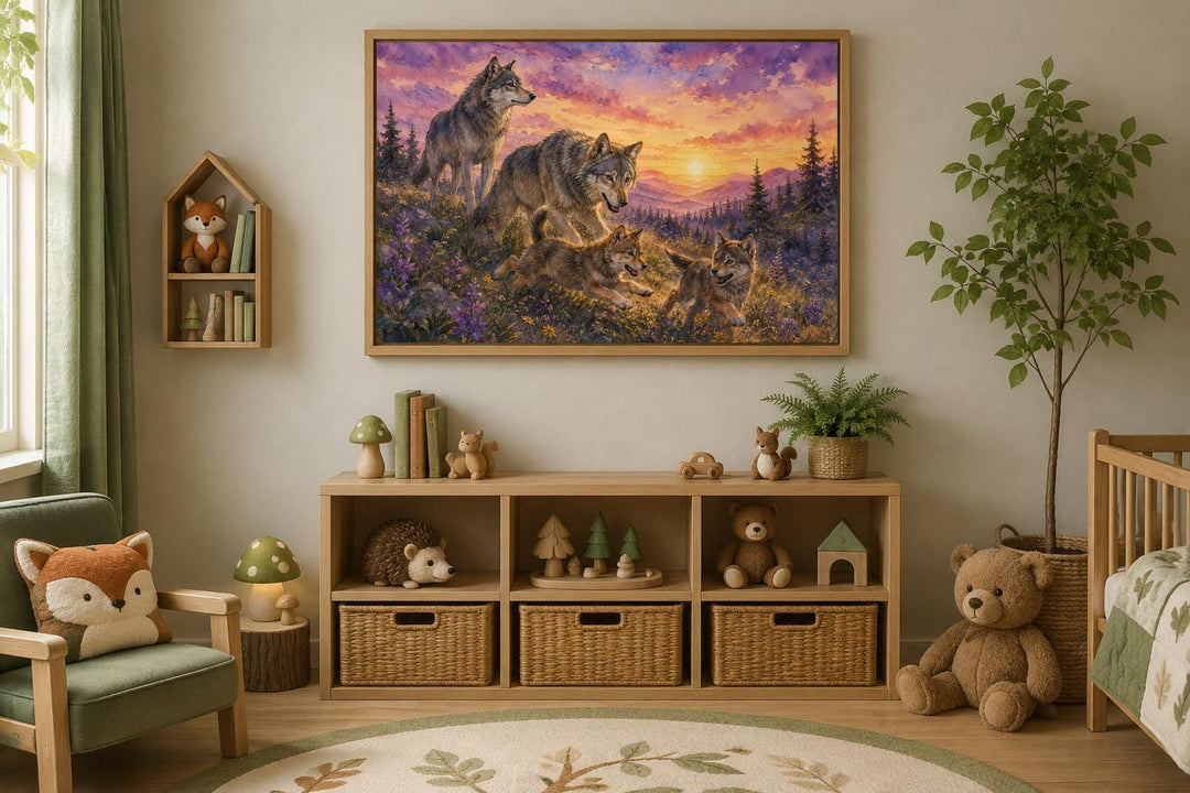 Watercolor wolf family wall art in a woodland nursery with a sunset sky and wooden furniture.
