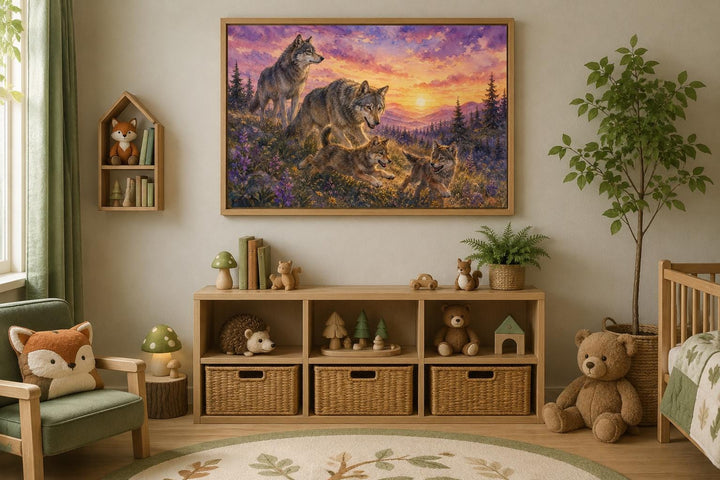 Watercolor wolf family wall art in a woodland nursery with a sunset sky and wooden furniture.