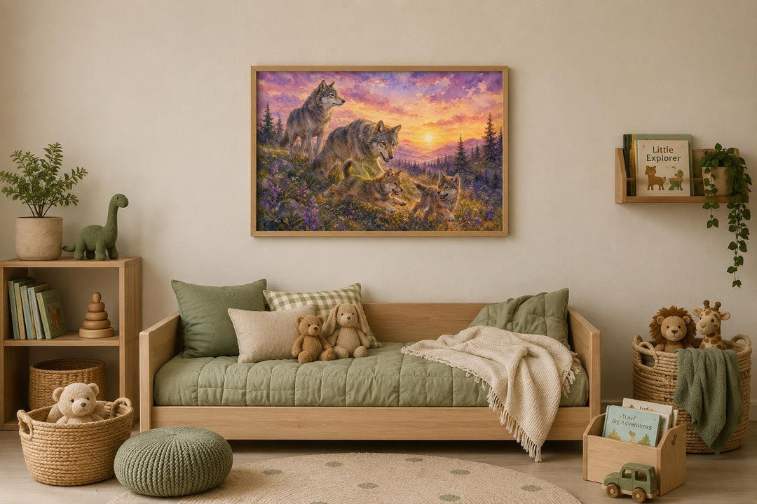 Watercolor wolf family canvas art above a daybed in a woodland-themed nursery.