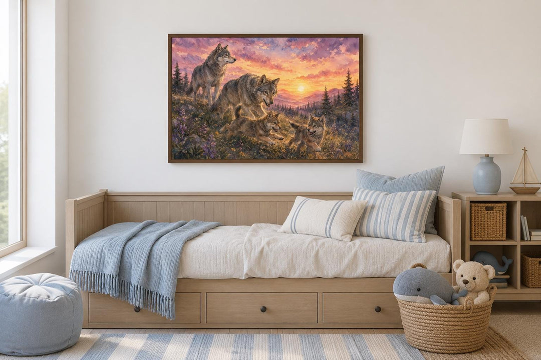 Wolf family watercolor wall art above a daybed in a woodland-themed nursery.