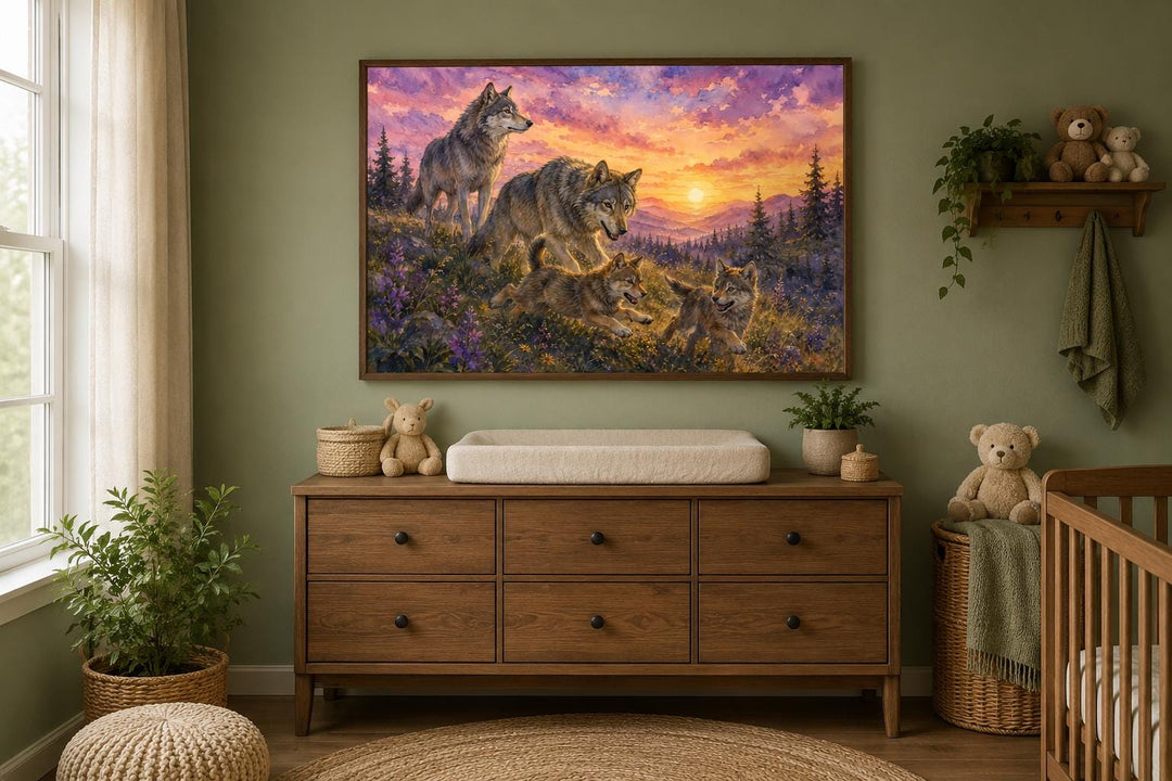 Wolf family watercolor wall art above a wooden dresser in a green woodland-themed nursery.