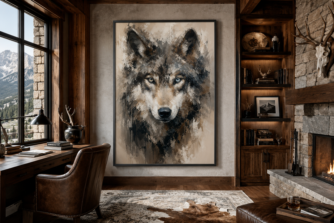 Wolf abstract painting framed canvas wall art in a rustic cabin office with a stone fireplace.
