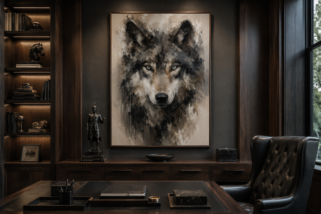 Wolf abstract painting framed canvas wall art in a dark wood office setting.