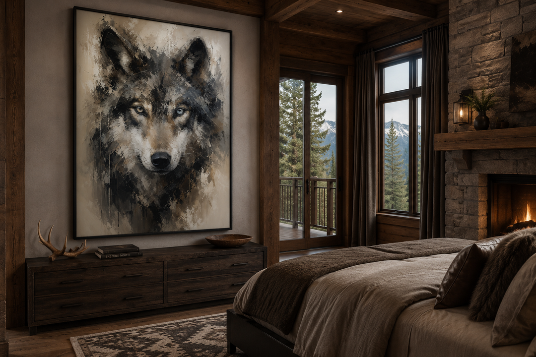 Framed vertical canvas wall art of an abstract wolf portrait in a rustic cabin bedroom.