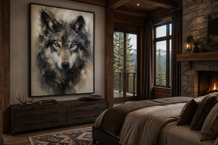 Framed vertical canvas wall art of an abstract wolf portrait in a rustic cabin bedroom.