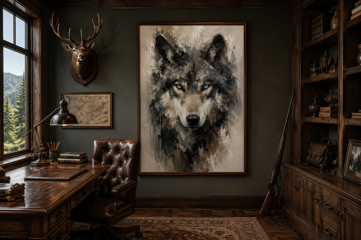 Framed vertical canvas wall art featuring an abstract wolf portrait in a rustic office setting.