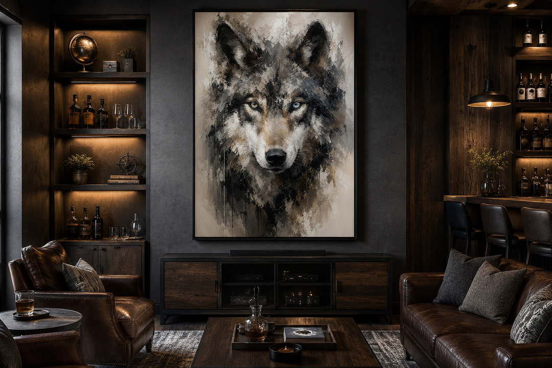 Wolf abstract painting framed canvas wall art in a modern rustic living room setting.