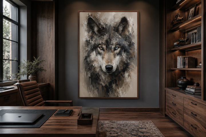 Wolf abstract painting framed canvas wall art in a modern office with dark wood furniture.