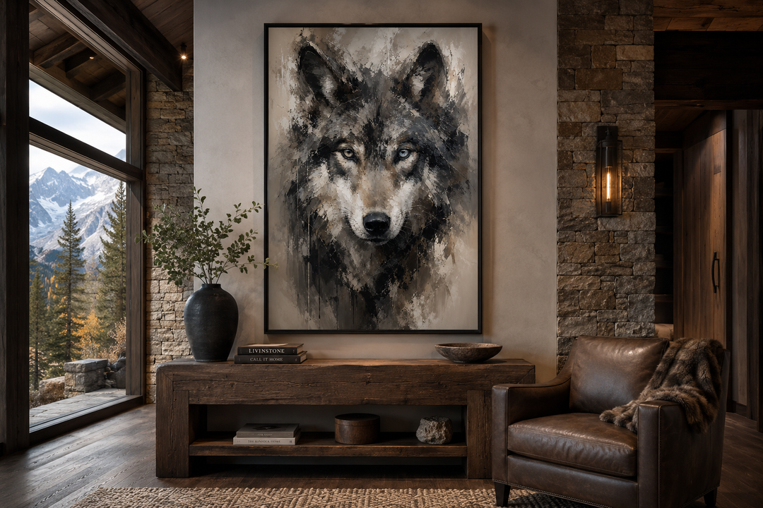 Vertical framed canvas wall art featuring an abstract wolf portrait in earthy and gray tones.