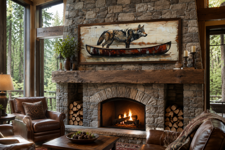 Rustic wolf in canoe long horizontal framed canvas wall art hanging above a stone fireplace mantel.