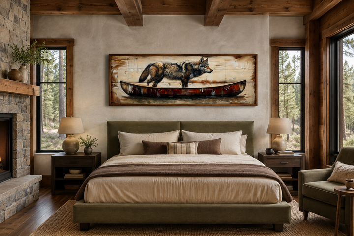 Rustic wolf in canoe long horizontal framed canvas wall art hanging above a bed in a cabin bedroom.
