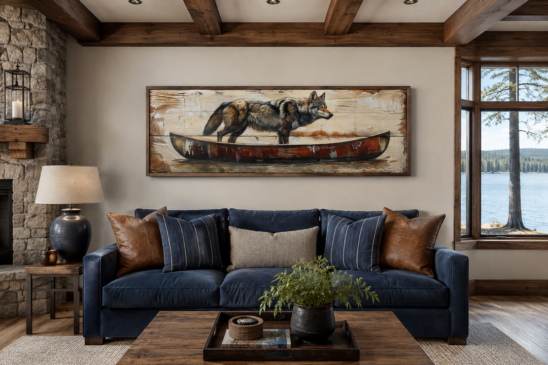 Rustic wolf in canoe long horizontal framed canvas wall art hanging above a blue sofa.