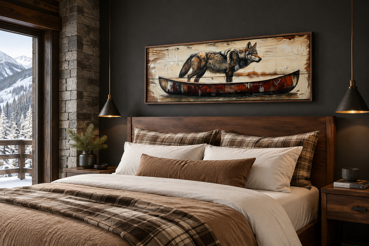 Rustic long horizontal framed canvas wall art featuring a wolf in a canoe above a bed.