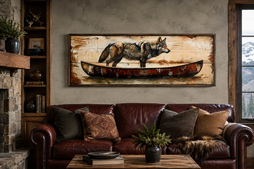 Rustic wolf in a canoe long horizontal framed canvas wall art hanging above a leather sofa.