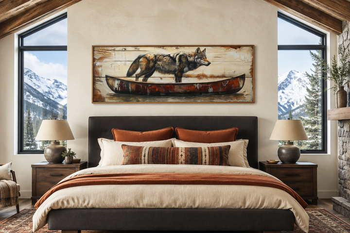 Rustic wolf in a canoe long horizontal framed canvas wall art hanging above a bed in a cabin.