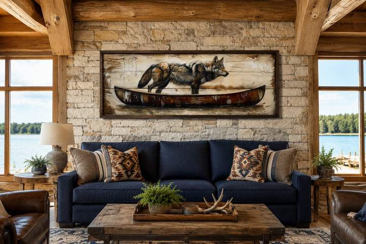 Rustic wolf in canoe long horizontal framed canvas wall art above a blue sofa in a cabin.