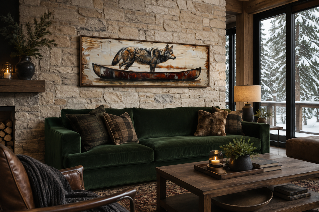 Rustic wolf in a canoe long horizontal framed canvas wall art above a green velvet sofa.