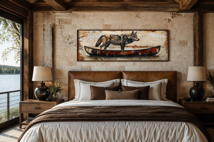 Rustic wolf in canoe long horizontal framed canvas wall art hanging above a bed in a cabin bedroom.