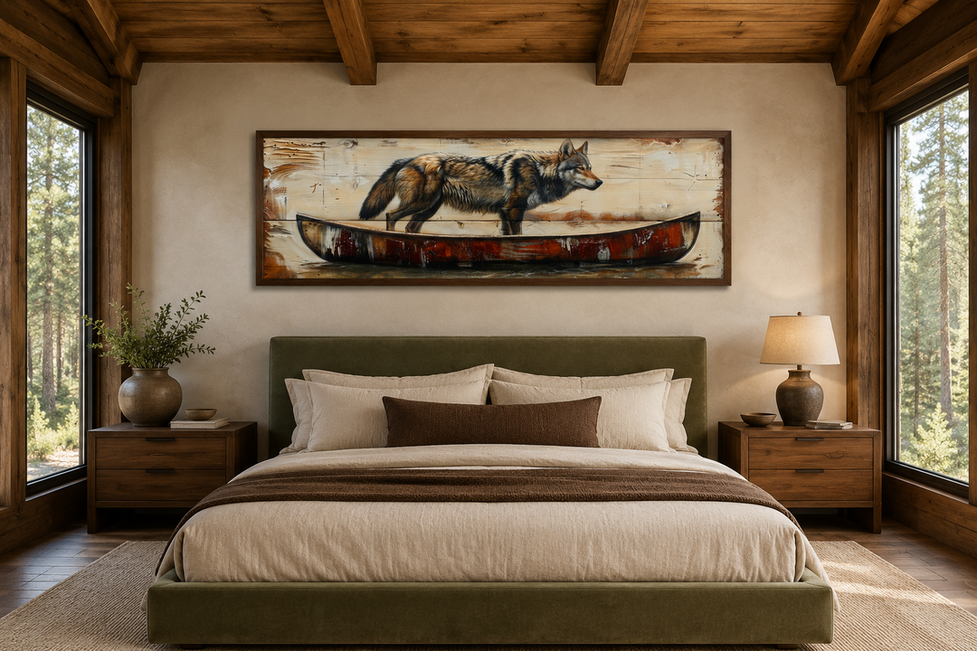 Rustic wolf in canoe long horizontal framed canvas wall art hanging above a bed in a cabin bedroom.